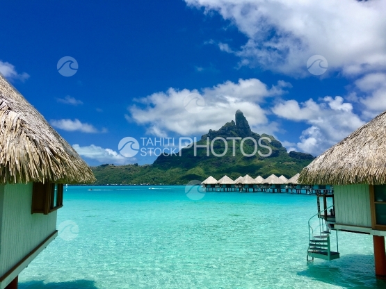 Bora Bora, Beautiful view on Mt Otemanu, over luxurious hotel and overwater bungalows