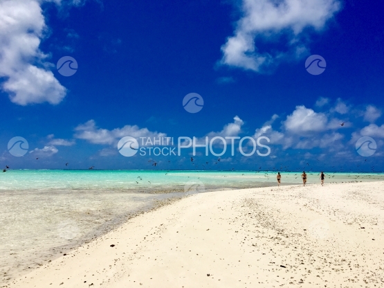 Three girls chasing birds on Motu Tahuna Rahi, Tetiaroa