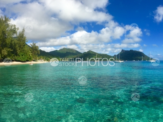 Sail Boats anchored in the lagoon of Huahine close to the Huahine Yacht Club