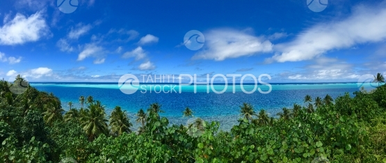 Huahine, panoramic view of the blue lagoon over the coconut trees