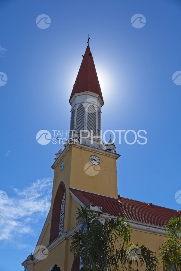 Tahiti, Bell tower of Cathedral of Papeete, sunny sky