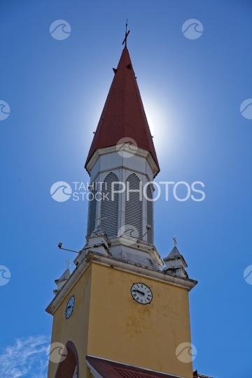 Tahiti, Bell tower of Cathedral of Papeete, sunny sky