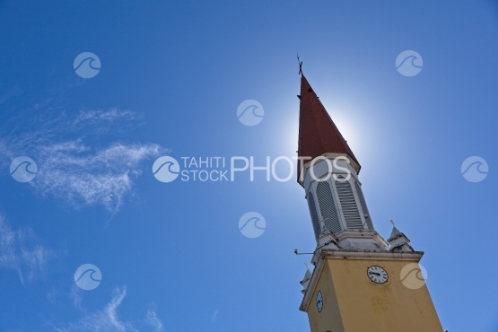 Tahiti, Bell tower of Cathedral of Papeete, sunny sky