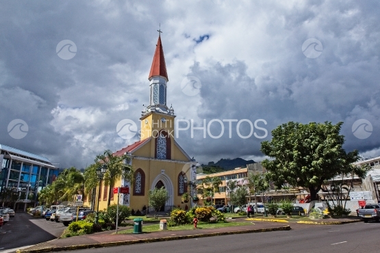 Tahiti, Cathedral of Papeete, cloudy sky