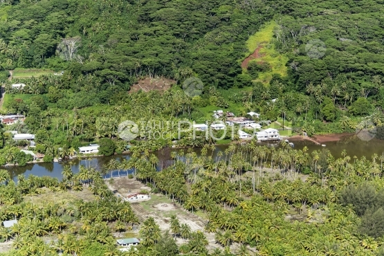 Huahine, aerial view of the island and village