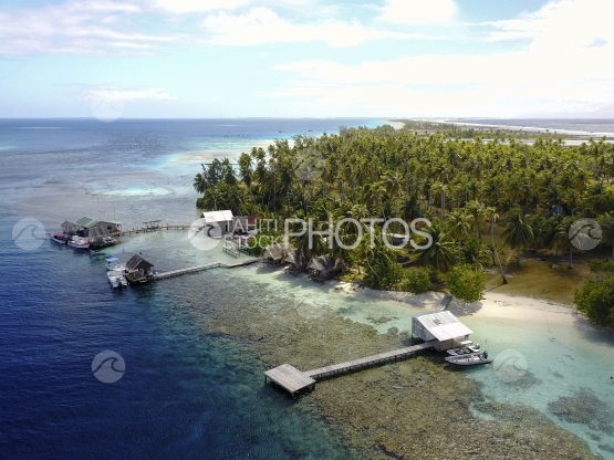 Fakarava aerial view, pass of Tetamanu and overwater houses