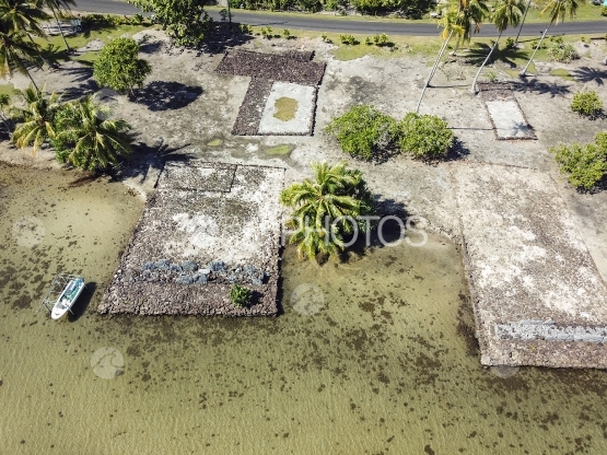 Huahine, aerial view of a sacred archeologic site, marae