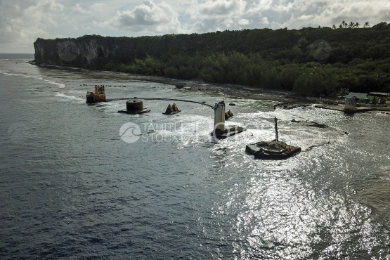 Makatea, aerial shot of the island, reef, and marina
