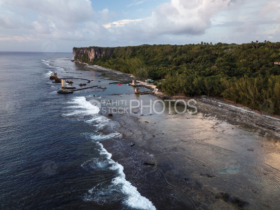 Makatea, aerial shot of the island, reef, and marina