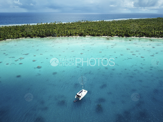Fakarava, aerial shot of the lagoon and sail boat