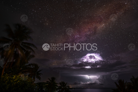 Milky way and storm shot at night in the sky of Bora Bora, French Polynesia