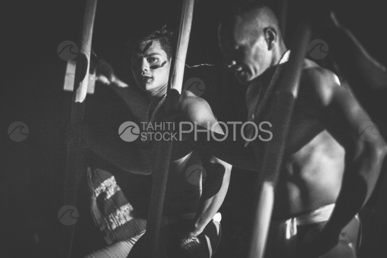 Bora Bora, polynesian dancers with traditional costume, black and white