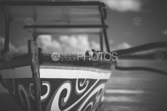 BORA BORA, TRADITIONAL POLYNESIAN OUTRIGGER, black and white shot