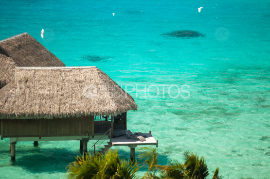 Nice view on luxury overwater bungalow in the lagoon, Bora Bora