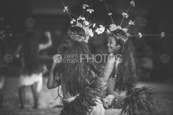 Bora Bora, smiling dancers with traditional costume, black and white