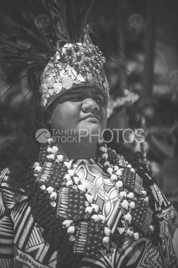 Bora Bora, polynesian preacher with traditional costume, black and white