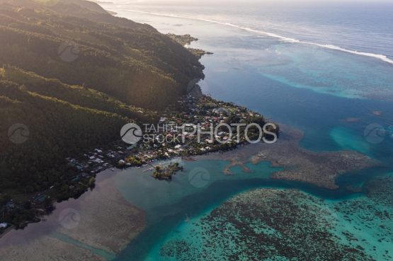 Tahiti, aerial view of Maraa at sunrise, Paea