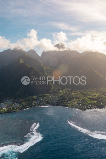 Tahiti, aerial view of the pass Teahupoo at sunrise