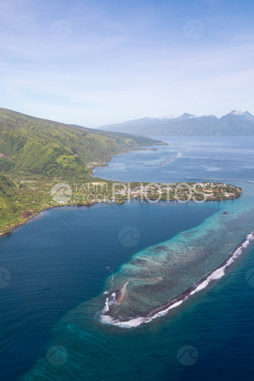 Peninsula of Tahiti, aerial photography of the village Tautira and lagoon