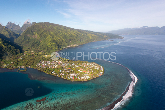 Peninsula of Tahiti, aerial photography of the village Tautira, and barrier reef