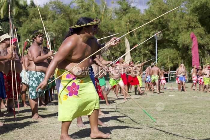 Traditional polynesian sports contest, javelin throw, Tahiti, French Polynesia