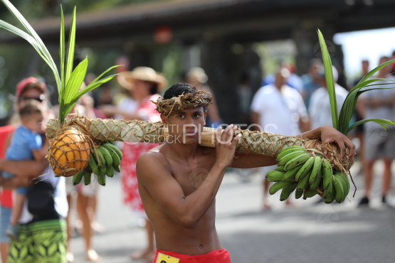 Tahiti, Young Polynesian man carrying bunches of bananas on his shoulders, Fruit Carrier Race, Tuaro Maohi, Polynesia