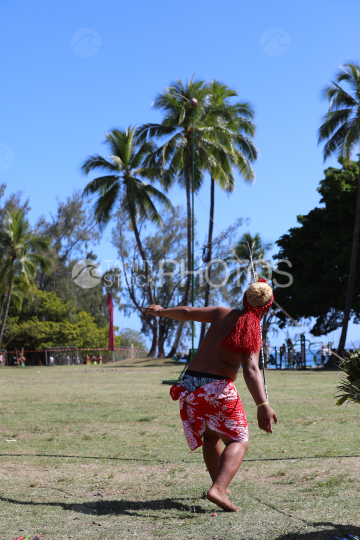 Tahiti, Polynesian man, traditional javelin throwing competition, Tuaro Maohi, Polynesia