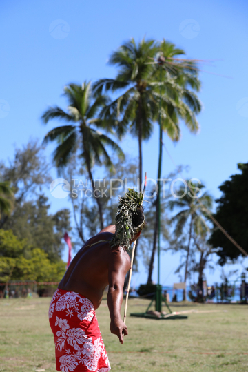 Tahiti, Polynesian man, traditional javelin throwing competition, Tuaro Maohi, Polynesia