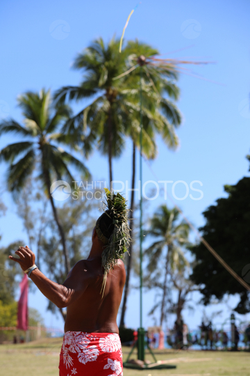 Tahiti, Polynesian man, traditional javelin throwing competition, Tuaro Maohi, Polynesia