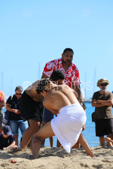 Tahiti, Two men wrestling, Traditional Wrestling Competition, Tuaro Maohi, Polynesia