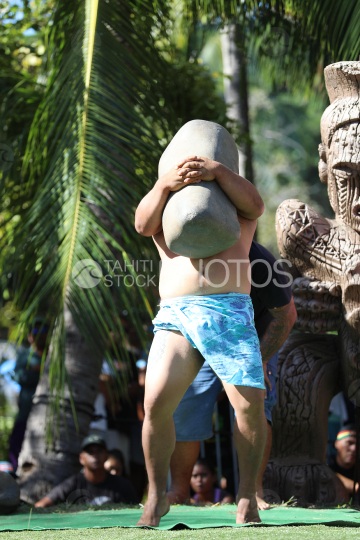 Tahiti, Man lifting a heavy stone, Stone lifting competition, Tuaro Maohi, Polynesia