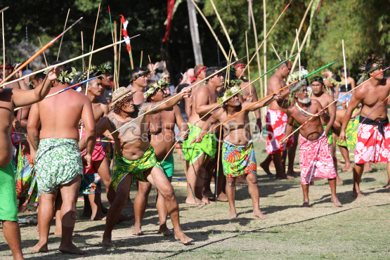 Tahiti, Polynesian man with pareo, traditional javelin throwing competition, Tuaro Maohi, Polynesia