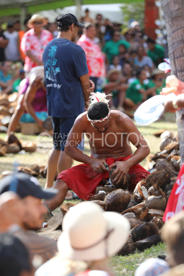 Tahiti, Polynesian man shelling coconuts, Tuaro Maohi Traditional Competition, Polynesia
