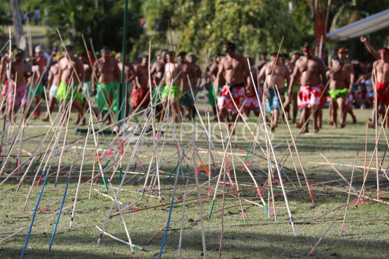 Tahiti, Polynesian man with javelins, traditional javelin throwing competition, Tuaro Maohi, Polynesia