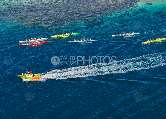 Tahiti, French Polynesia, Aerial Drone shot, Outrigger Race, Vaa Race
