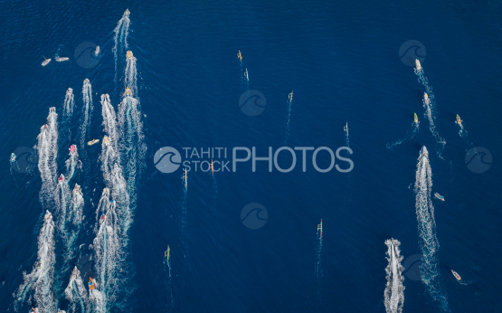 Tahiti, French Polynesia, Aerial Drone shot, Outrigger Race, Vaa Race