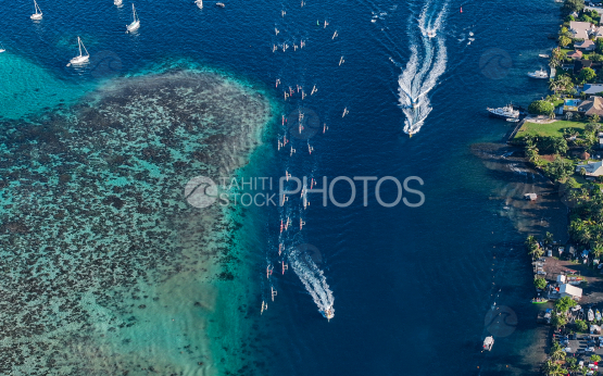 Tahiti, French Polynesia, Aerial Drone shot, Outrigger Race, Vaa Race